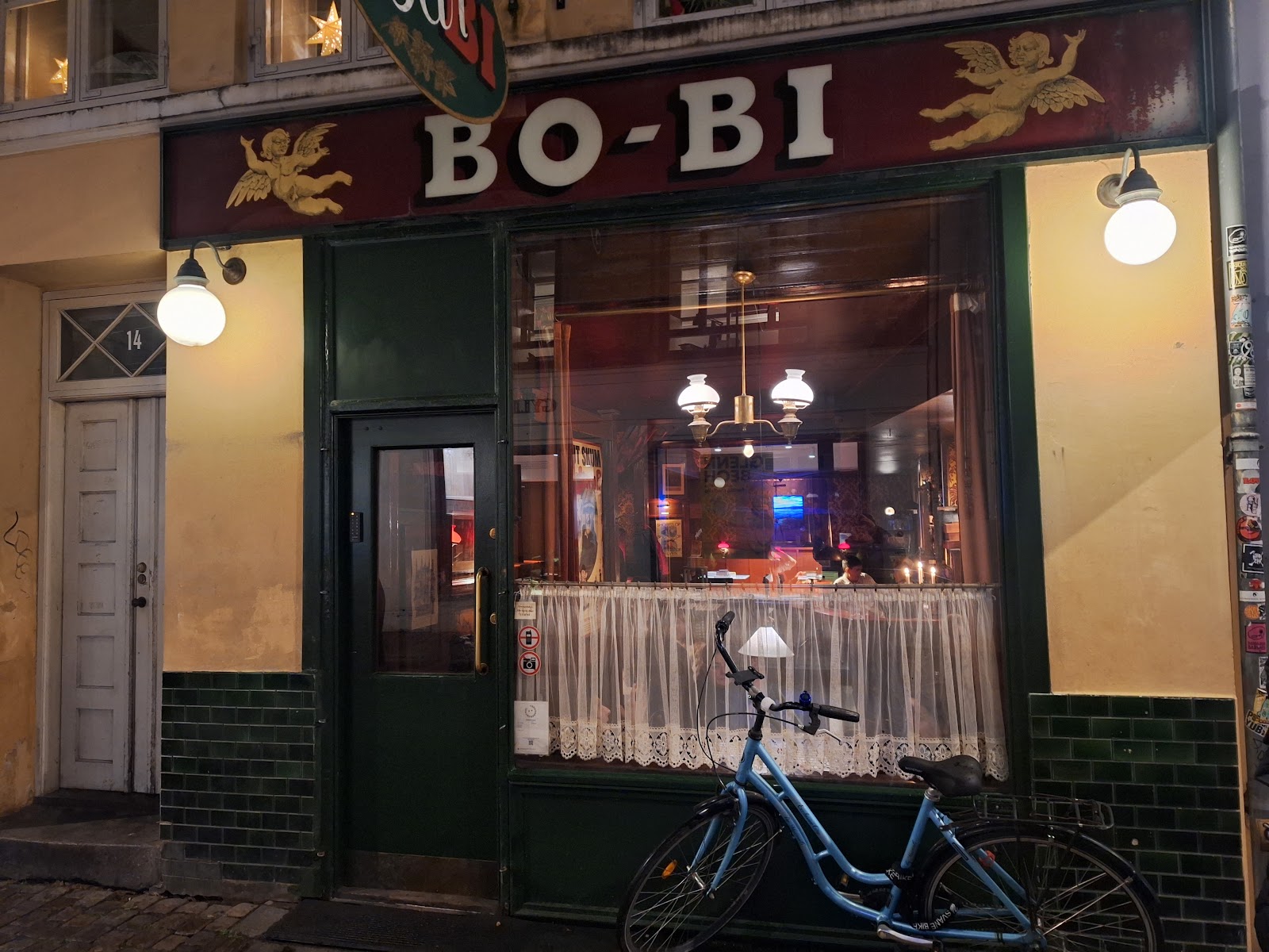 Bo-Bi Bar historic brown bar interior with red lamps, central Copenhagen