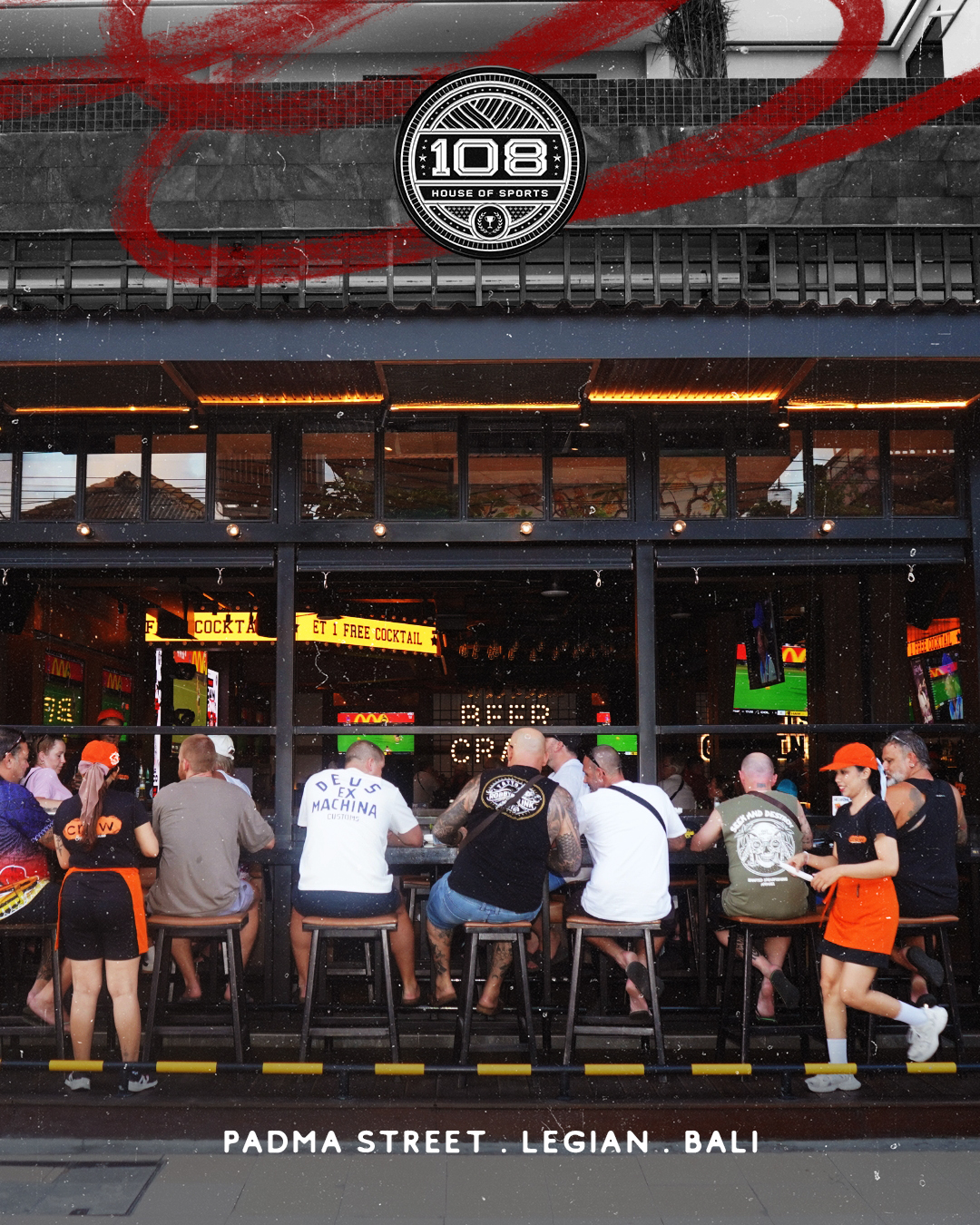 108 House of Sports bar interior with screens on Padma Street, Legian Bali