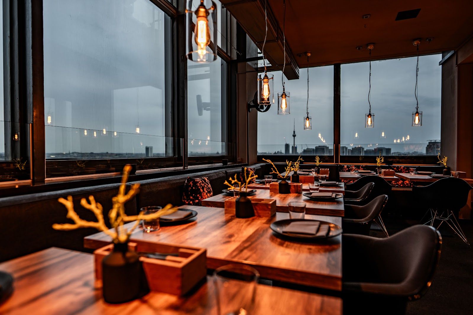 Solar rooftop bar panoramic Berlin skyline view Kreuzberg