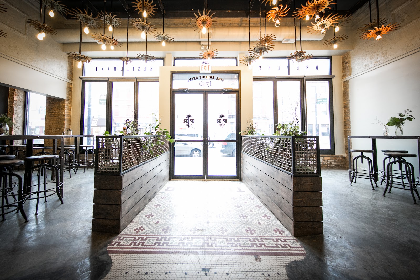 Forbidden Root botanic brewpub interior in a former theater in West Town, Chicago
