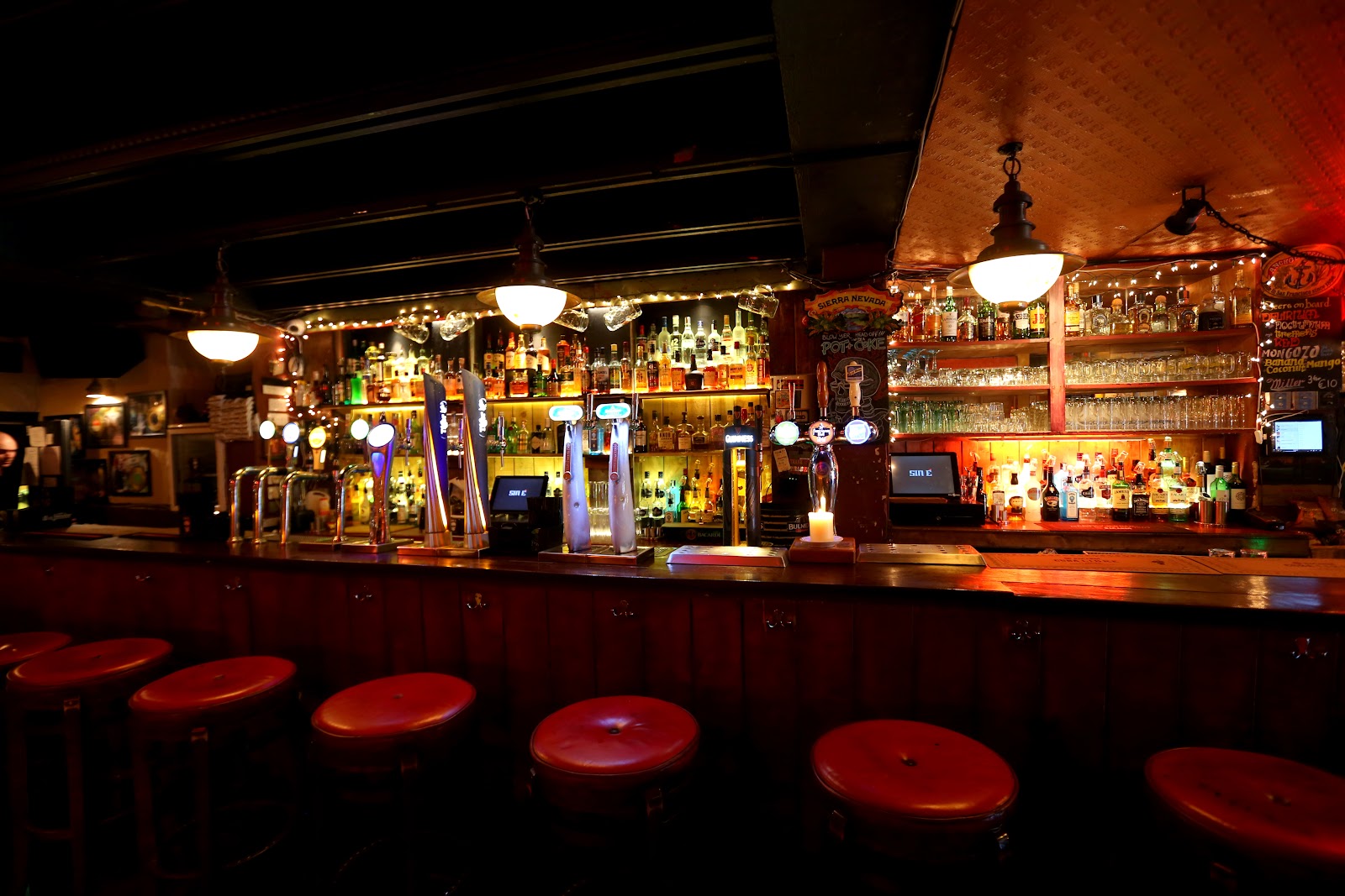 Dark two-floor music bar with memorabilia on the walls and a small crowd at Sin É on Ormond Quay Dublin