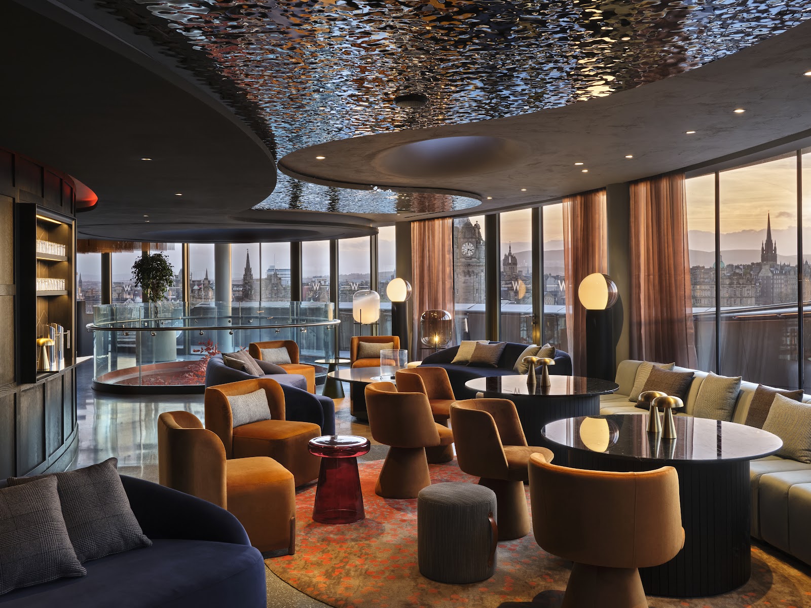 Eleventh-floor lounge and rooftop deck with panoramic city views at W Edinburgh
