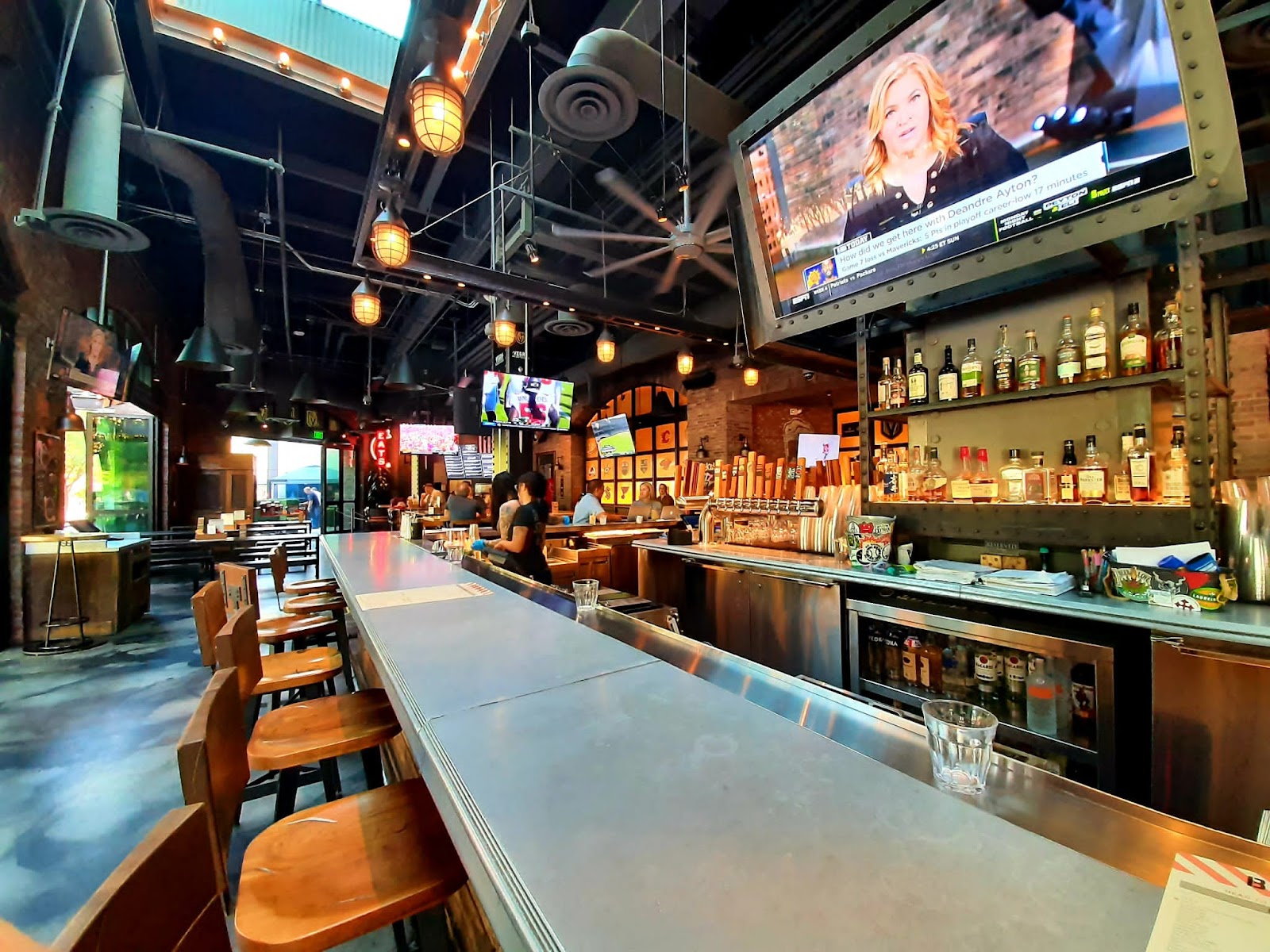 Beerhaus craft beer hall taps and communal tables at The Park, Las Vegas