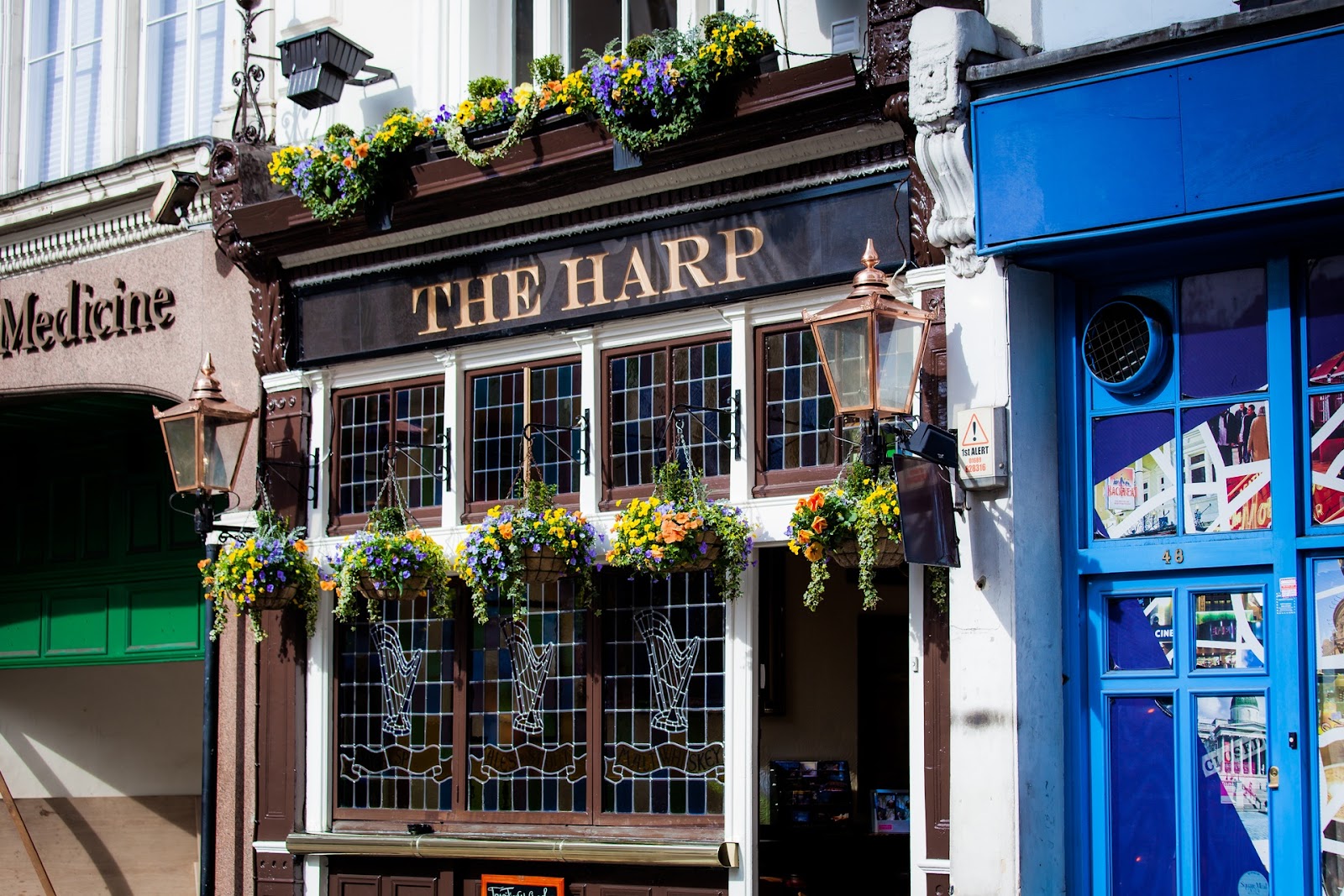 The Harp pub stained glass frontage, Chandos Place Covent Garden