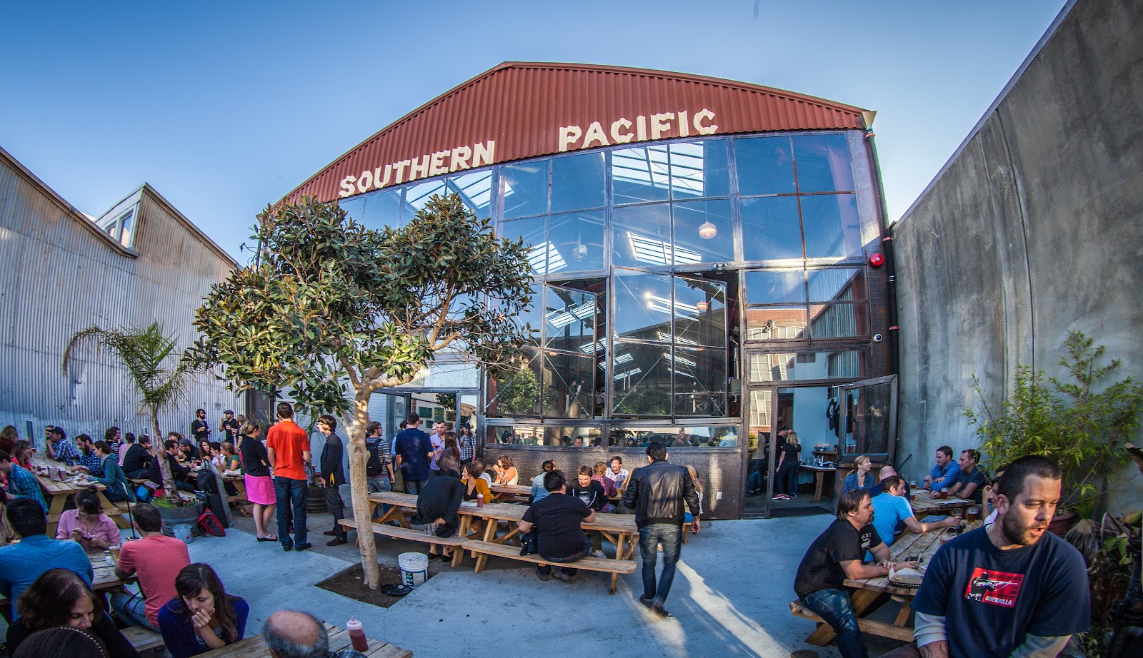 Warehouse beer hall interior at a San Francisco Mission brewery
