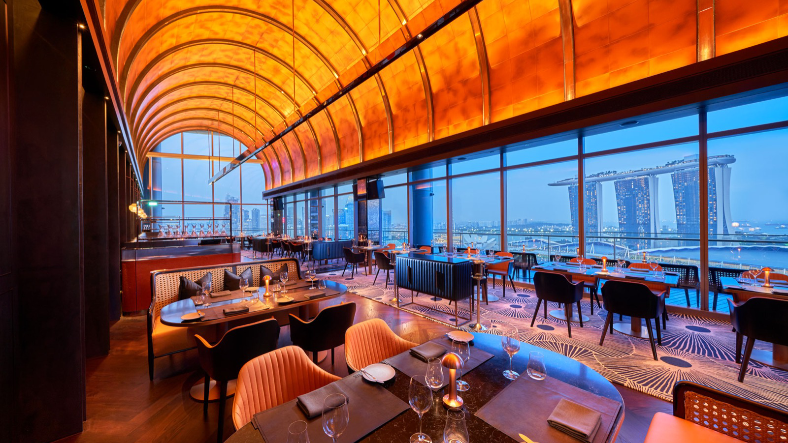 VUE rooftop bar at OUE Bayfront overlooking Marina Bay, Singapore