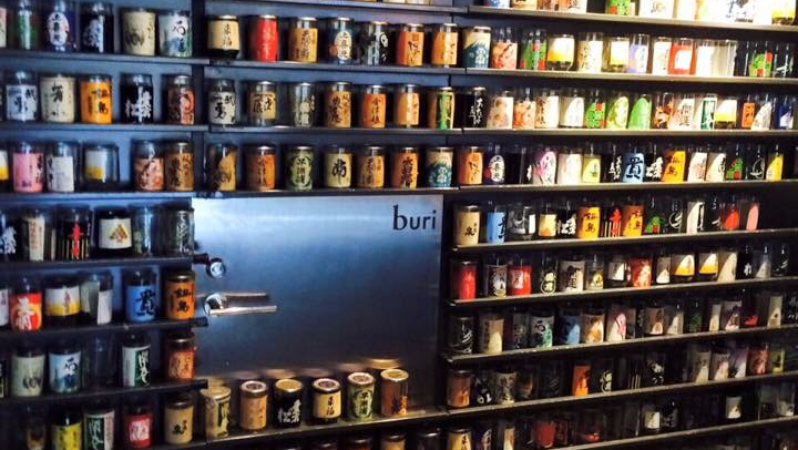 Buri standing sake bar wall of one-cup sake, Ebisu, Tokyo